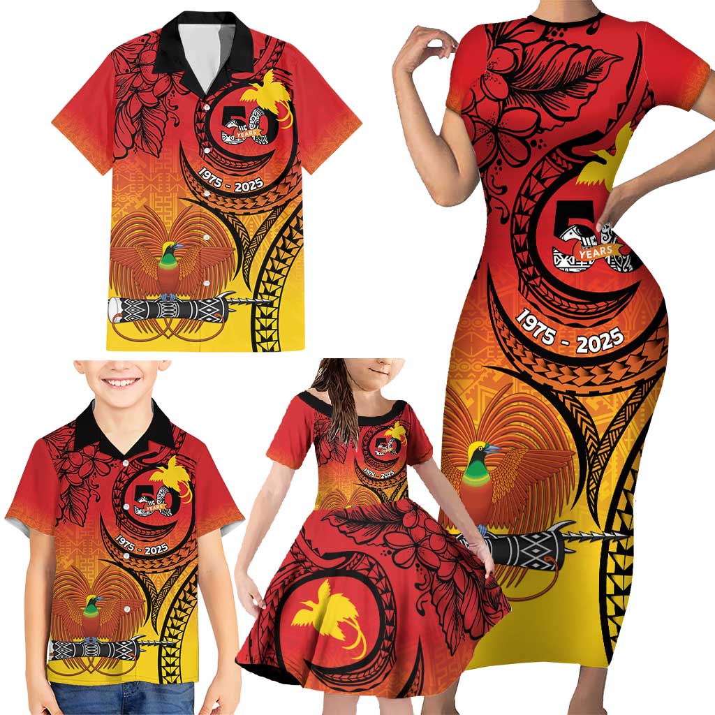 Papua New Guinea 50 Years Family Matching Short Sleeve Bodycon Dress and Hawaiian Shirt Motuan Motifs