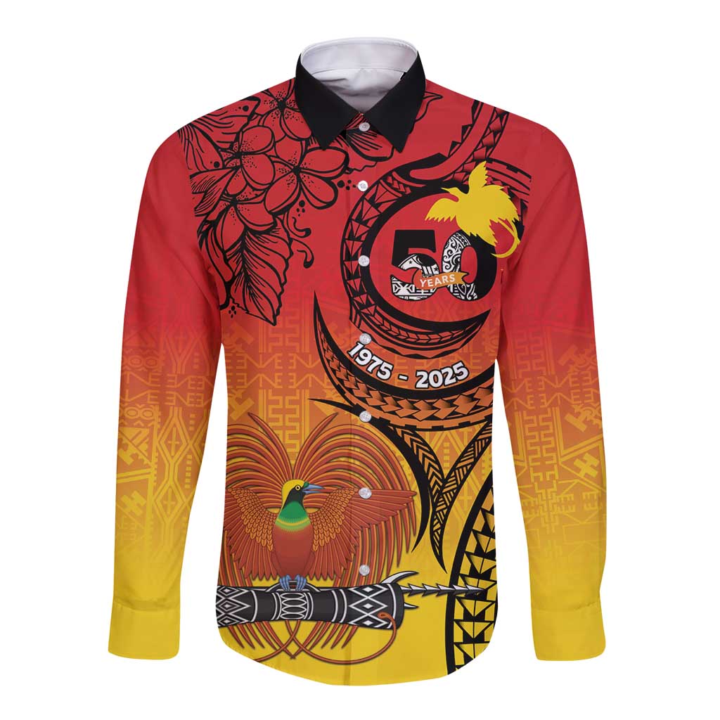 Papua New Guinea 50 Years Long Sleeve Button Shirt Motuan Motifs LT7 Unisex Colorful - Polynesian Pride