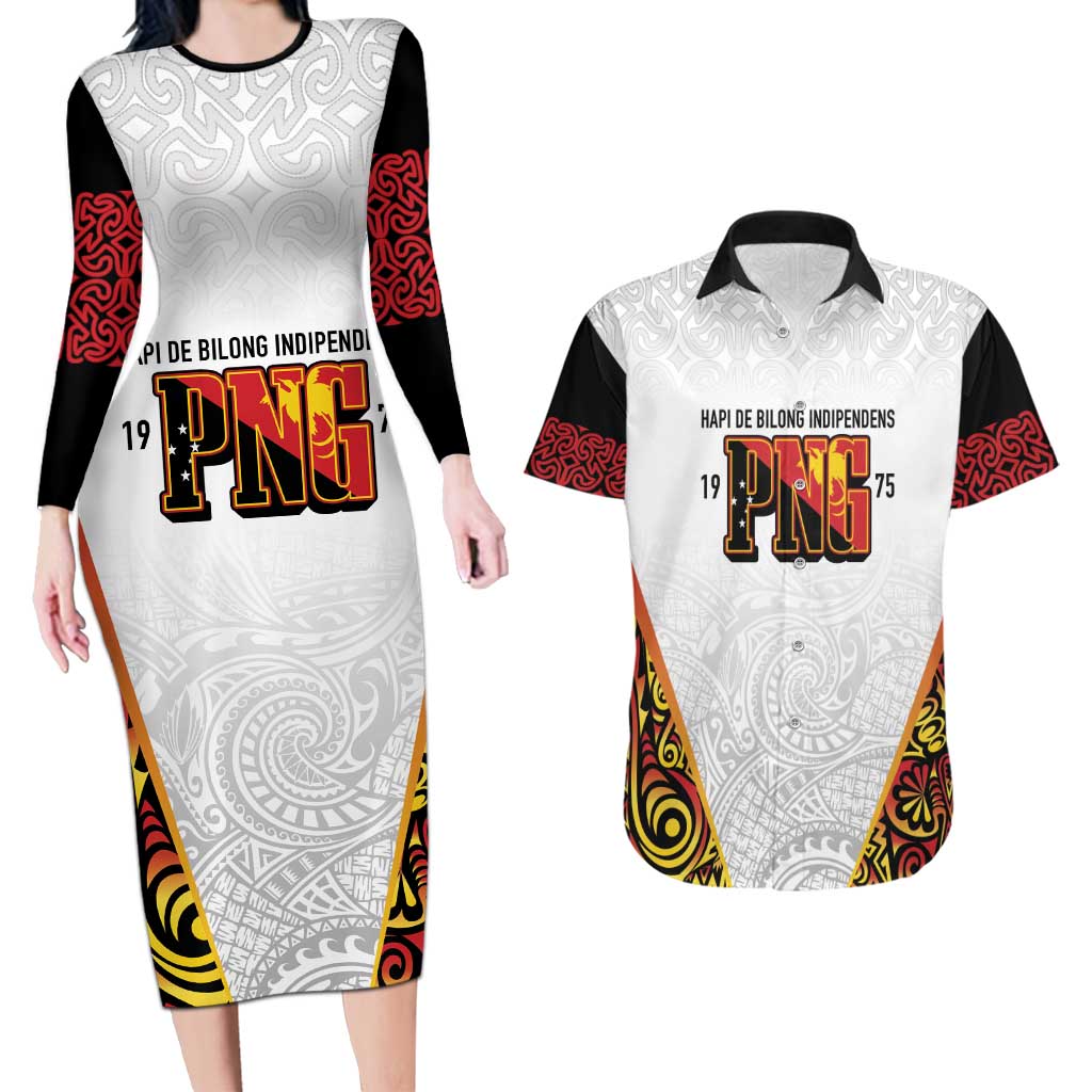 Personalized Papua New Guinea Couples Matching Long Sleeve Bodycon Dress and Hawaiian Shirt Hapi De bilong Indipendens PNG LT7 White - Polynesian Pride