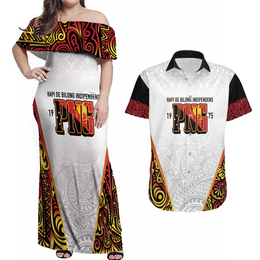 Personalized Papua New Guinea Couples Matching Off Shoulder Maxi Dress and Hawaiian Shirt Hapi De bilong Indipendens PNG LT7 White - Polynesian Pride
