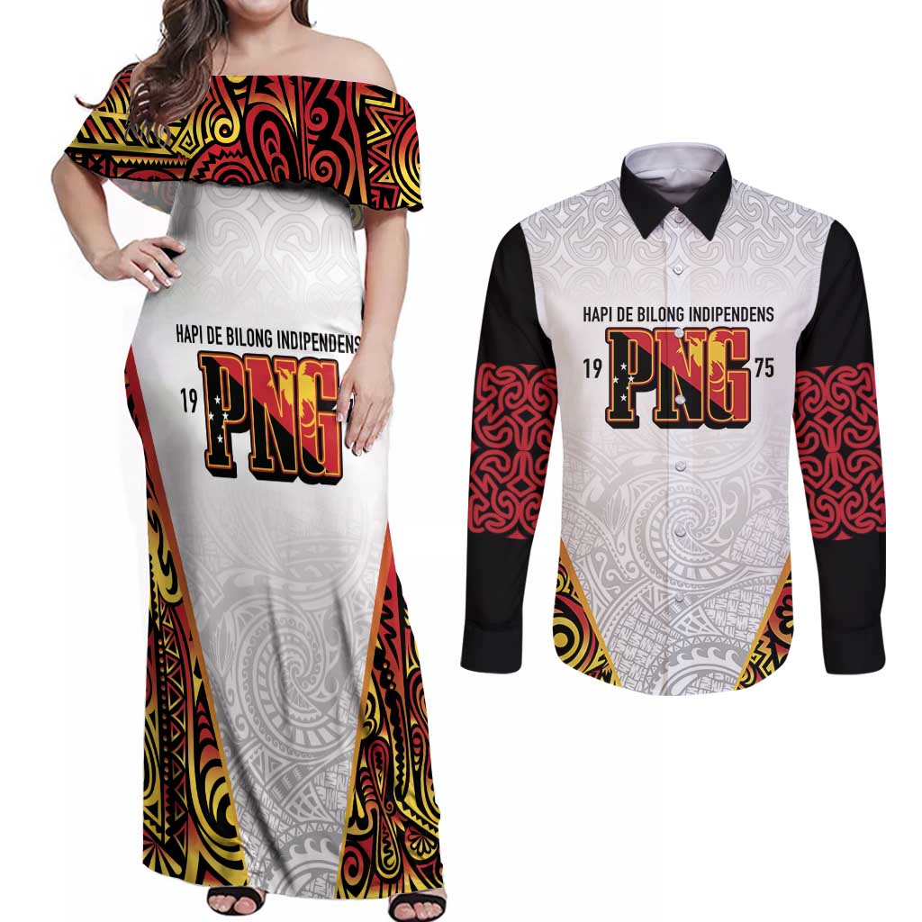Personalized Papua New Guinea Couples Matching Off Shoulder Maxi Dress and Long Sleeve Button Shirt Hapi De bilong Indipendens PNG LT7 White - Polynesian Pride