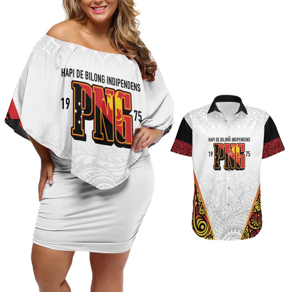 Personalized Papua New Guinea Couples Matching Off Shoulder Short Dress and Hawaiian Shirt Hapi De bilong Indipendens PNG LT7 White - Polynesian Pride