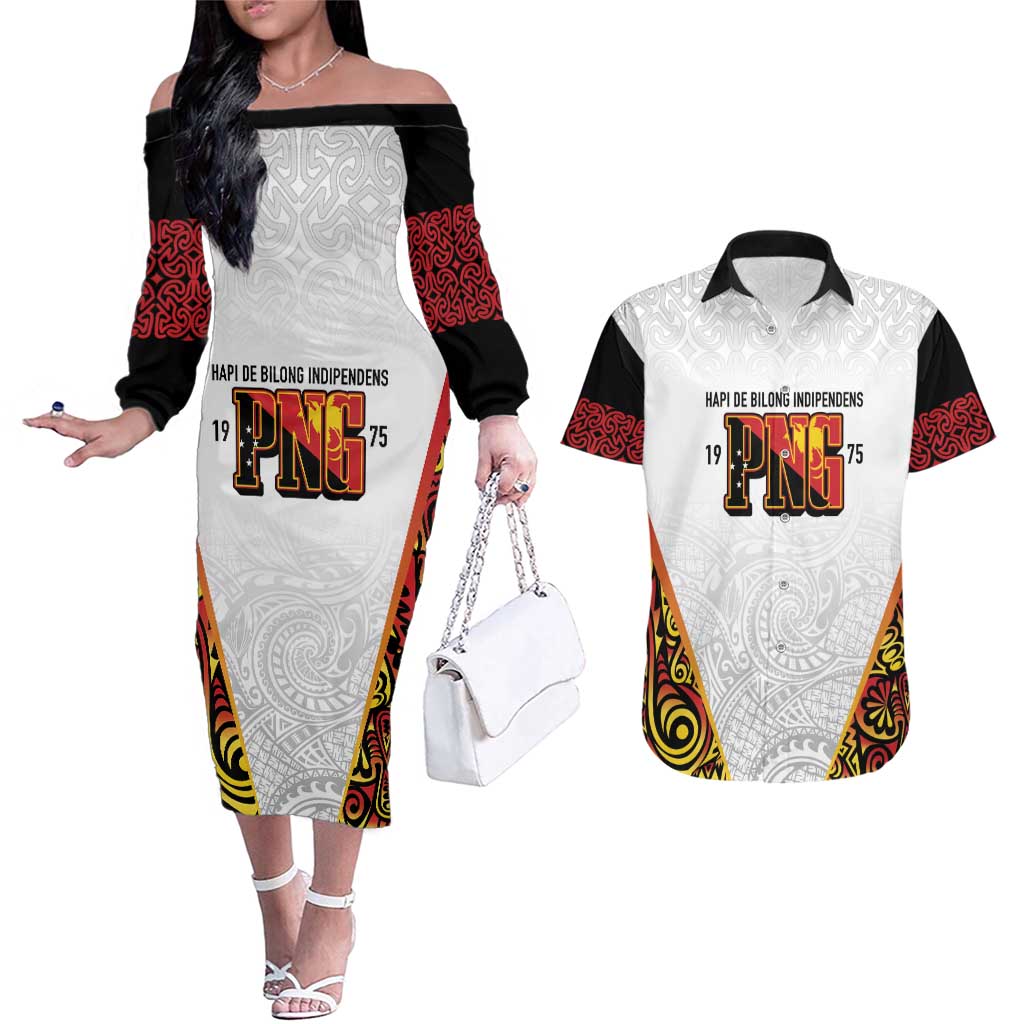 Personalized Papua New Guinea Couples Matching Off The Shoulder Long Sleeve Dress and Hawaiian Shirt Hapi De bilong Indipendens PNG LT7 White - Polynesian Pride