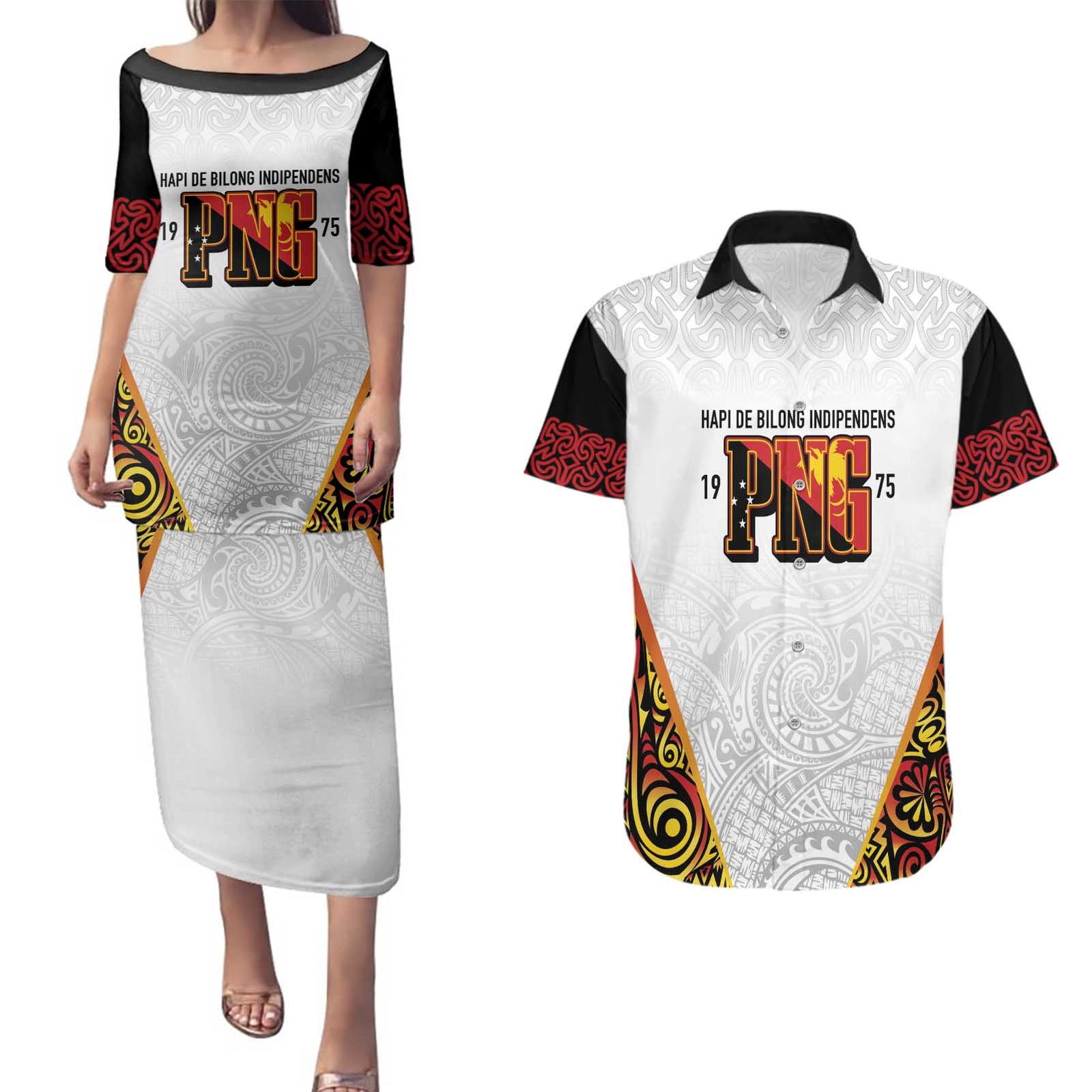 Personalized Papua New Guinea Couples Matching Puletasi and Hawaiian Shirt Hapi De bilong Indipendens PNG LT7 White - Polynesian Pride