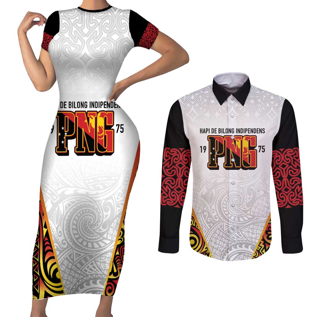 Personalized Papua New Guinea Couples Matching Short Sleeve Bodycon Dress and Long Sleeve Button Shirt Hapi De bilong Indipendens PNG LT7 White - Polynesian Pride