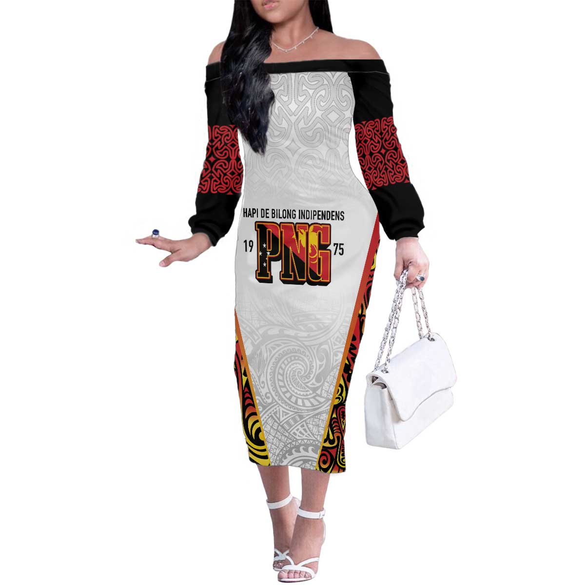 Personalized Papua New Guinea Family Matching Off The Shoulder Long Sleeve Dress and Hawaiian Shirt Hapi De bilong Indipendens PNG