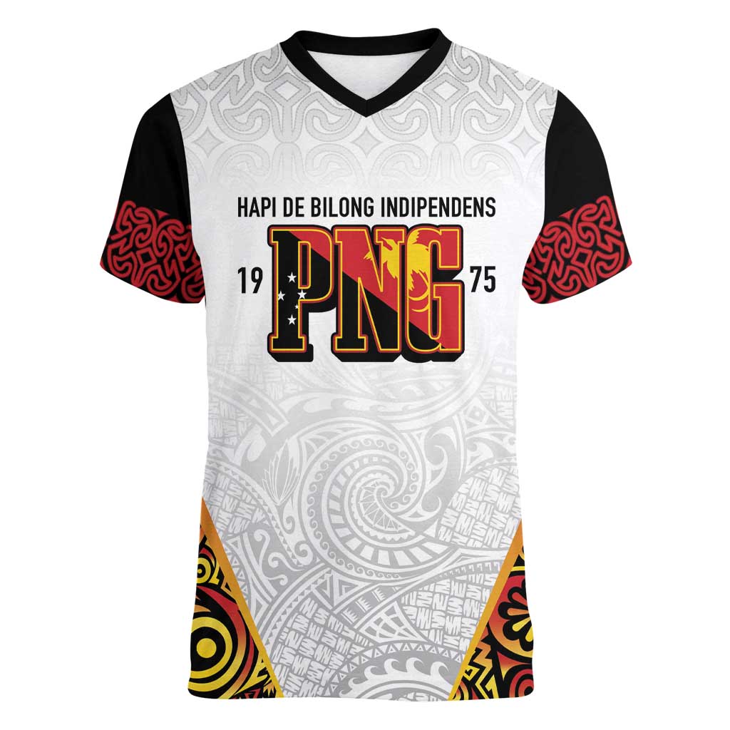 Personalized Papua New Guinea Women V-Neck T-Shirt Hapi De bilong Indipendens PNG LT7 Female White - Polynesian Pride
