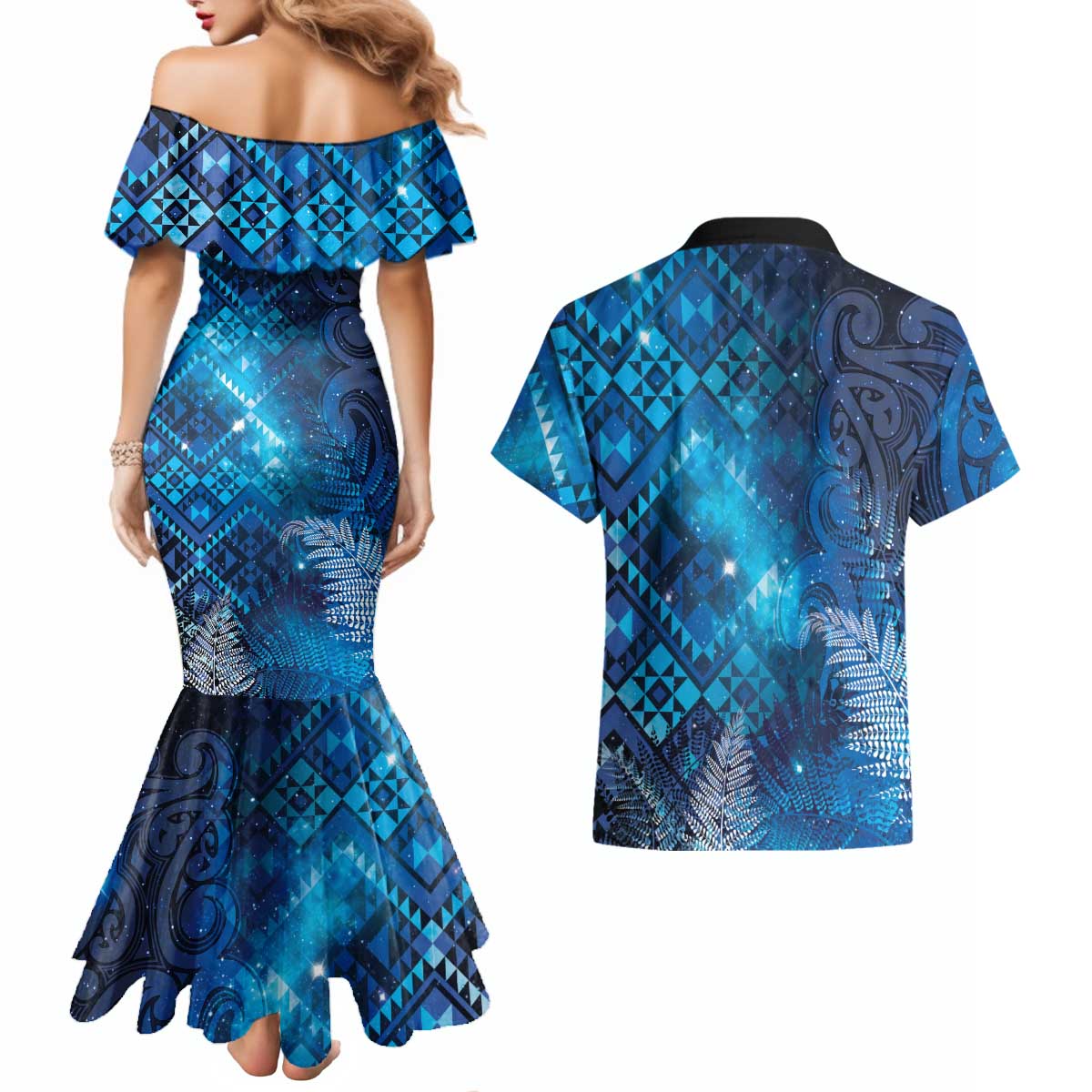 Aotearoa Taniko Matariki Couples Matching Mermaid Dress and Hawaiian Shirt Cosmic Blue LT7 - Polynesian Pride