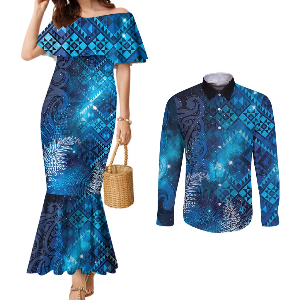 Aotearoa Taniko Matariki Couples Matching Mermaid Dress and Long Sleeve Button Shirt Cosmic Blue LT7 Blue - Polynesian Pride