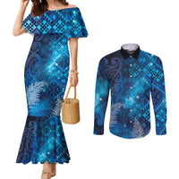 Aotearoa Taniko Matariki Couples Matching Mermaid Dress and Long Sleeve Button Shirt Cosmic Blue LT7 Blue - Polynesian Pride