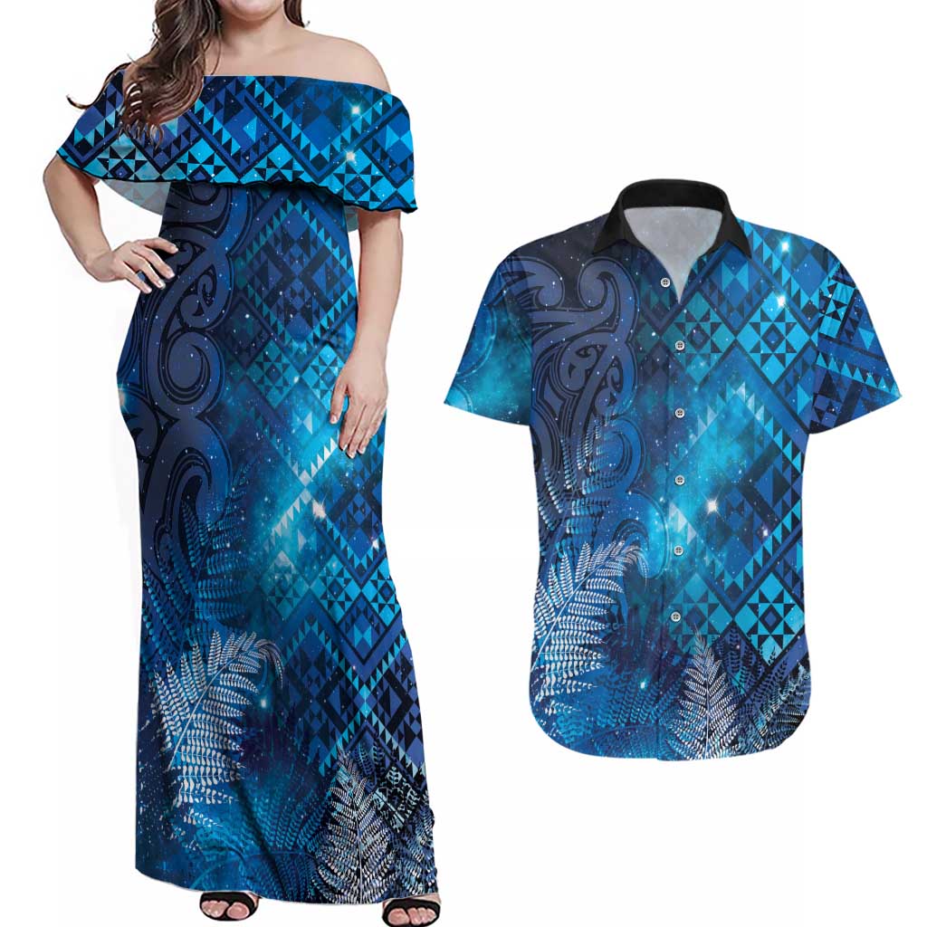 Aotearoa Taniko Matariki Couples Matching Off Shoulder Maxi Dress and Hawaiian Shirt Cosmic Blue LT7 Blue - Polynesian Pride