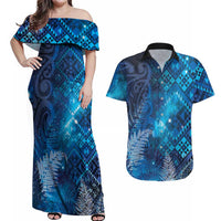 Aotearoa Taniko Matariki Couples Matching Off Shoulder Maxi Dress and Hawaiian Shirt Cosmic Blue LT7 Blue - Polynesian Pride