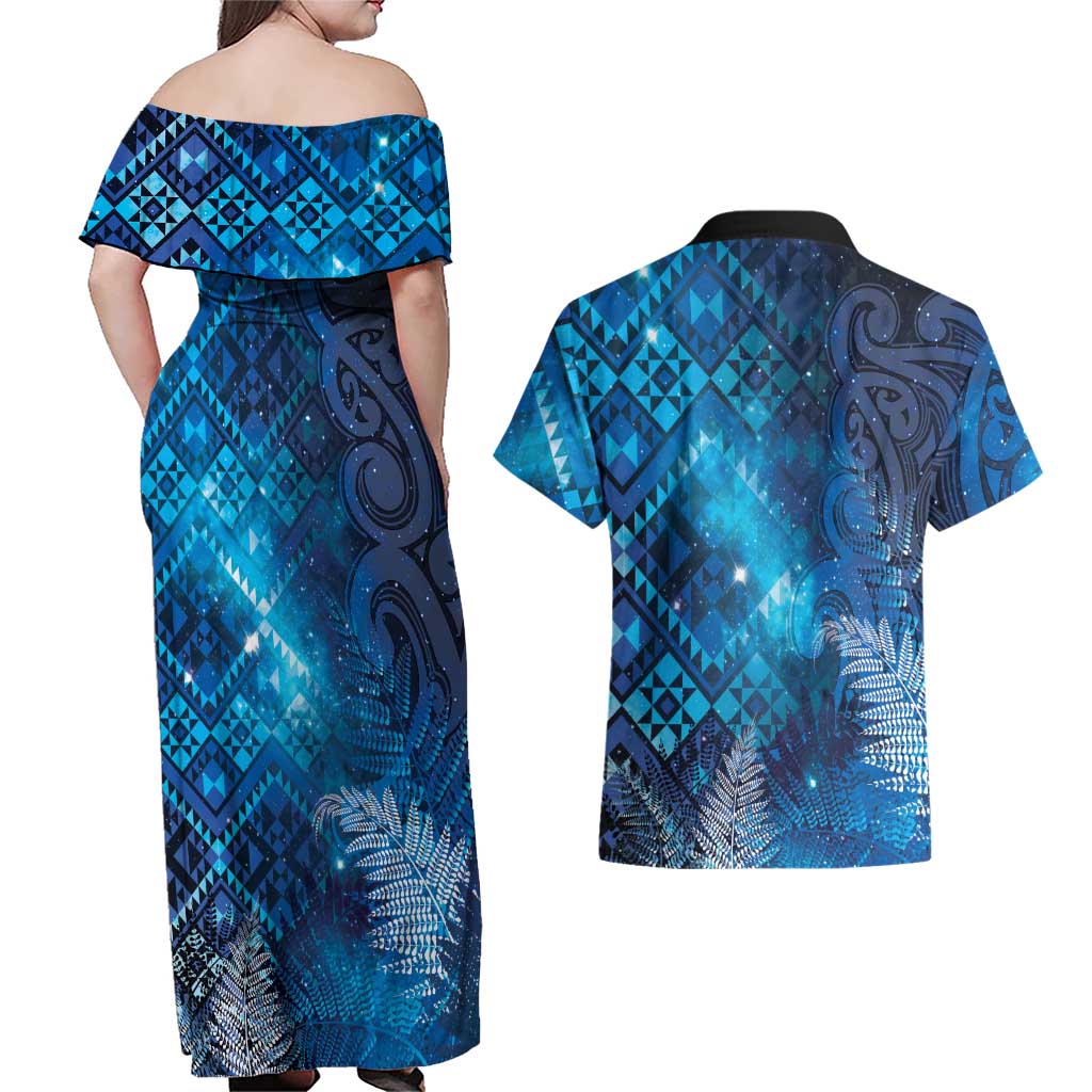 Aotearoa Taniko Matariki Couples Matching Off Shoulder Maxi Dress and Hawaiian Shirt Cosmic Blue LT7 - Polynesian Pride