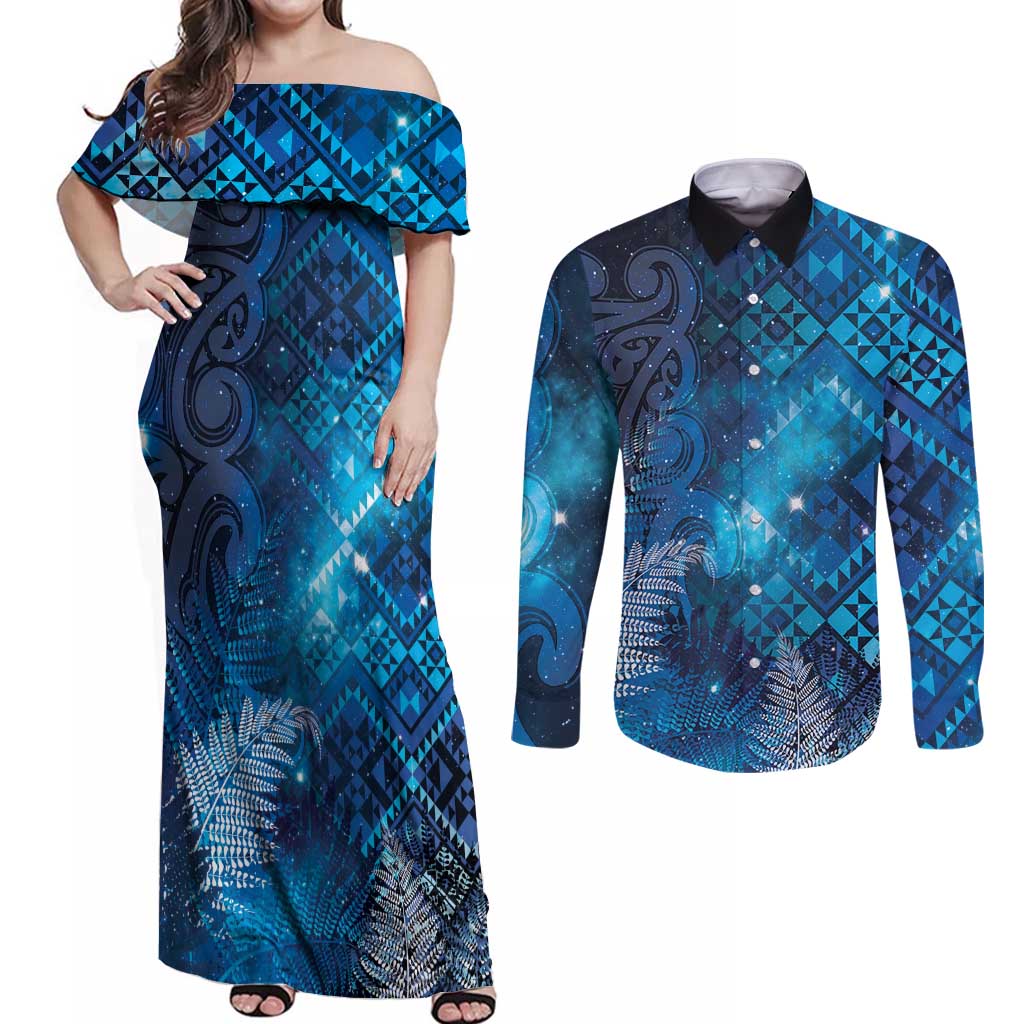 Aotearoa Taniko Matariki Couples Matching Off Shoulder Maxi Dress and Long Sleeve Button Shirt Cosmic Blue
