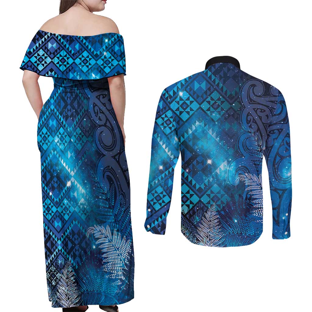 Aotearoa Taniko Matariki Couples Matching Off Shoulder Maxi Dress and Long Sleeve Button Shirt Cosmic Blue