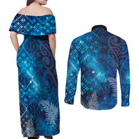 Aotearoa Taniko Matariki Couples Matching Off Shoulder Maxi Dress and Long Sleeve Button Shirt Cosmic Blue