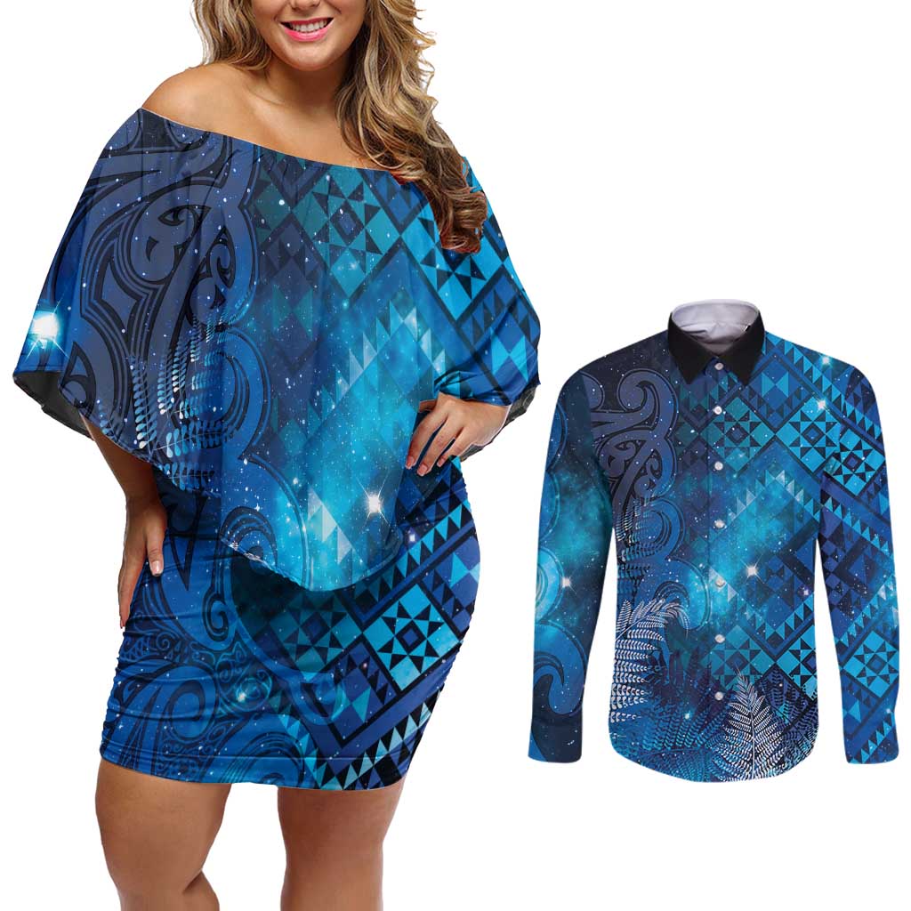 Aotearoa Taniko Matariki Couples Matching Off Shoulder Short Dress and Long Sleeve Button Shirt Cosmic Blue LT7 Blue - Polynesian Pride