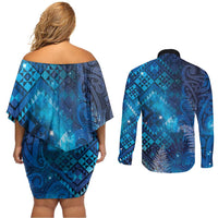 Aotearoa Taniko Matariki Couples Matching Off Shoulder Short Dress and Long Sleeve Button Shirt Cosmic Blue LT7 - Polynesian Pride