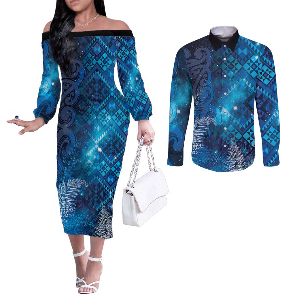 Aotearoa Taniko Matariki Couples Matching Off The Shoulder Long Sleeve Dress and Long Sleeve Button Shirt Cosmic Blue