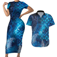 Aotearoa Taniko Matariki Couples Matching Short Sleeve Bodycon Dress and Hawaiian Shirt Cosmic Blue LT7 Blue - Polynesian Pride