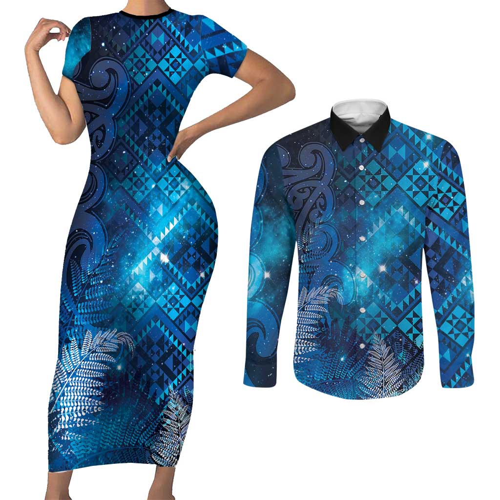 Aotearoa Taniko Matariki Couples Matching Short Sleeve Bodycon Dress and Long Sleeve Button Shirt Cosmic Blue LT7 Blue - Polynesian Pride