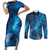 Aotearoa Taniko Matariki Couples Matching Short Sleeve Bodycon Dress and Long Sleeve Button Shirt Cosmic Blue LT7 Blue - Polynesian Pride