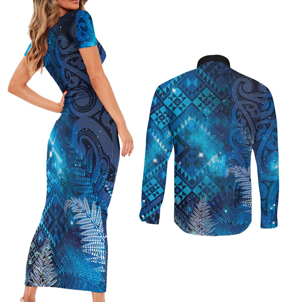 Aotearoa Taniko Matariki Couples Matching Short Sleeve Bodycon Dress and Long Sleeve Button Shirt Cosmic Blue LT7 - Polynesian Pride