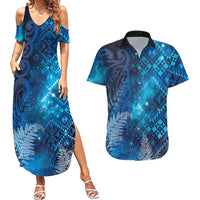 Aotearoa Taniko Matariki Couples Matching Summer Maxi Dress and Hawaiian Shirt Cosmic Blue LT7 Blue - Polynesian Pride