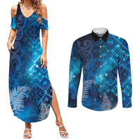Aotearoa Taniko Matariki Couples Matching Summer Maxi Dress and Long Sleeve Button Shirt Cosmic Blue LT7 Blue - Polynesian Pride