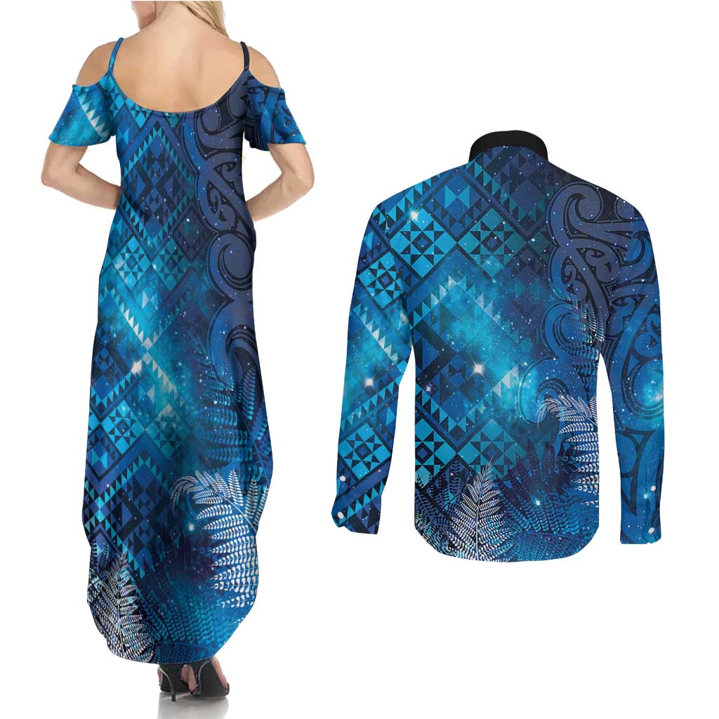 Aotearoa Taniko Matariki Couples Matching Summer Maxi Dress and Long Sleeve Button Shirt Cosmic Blue LT7 - Polynesian Pride