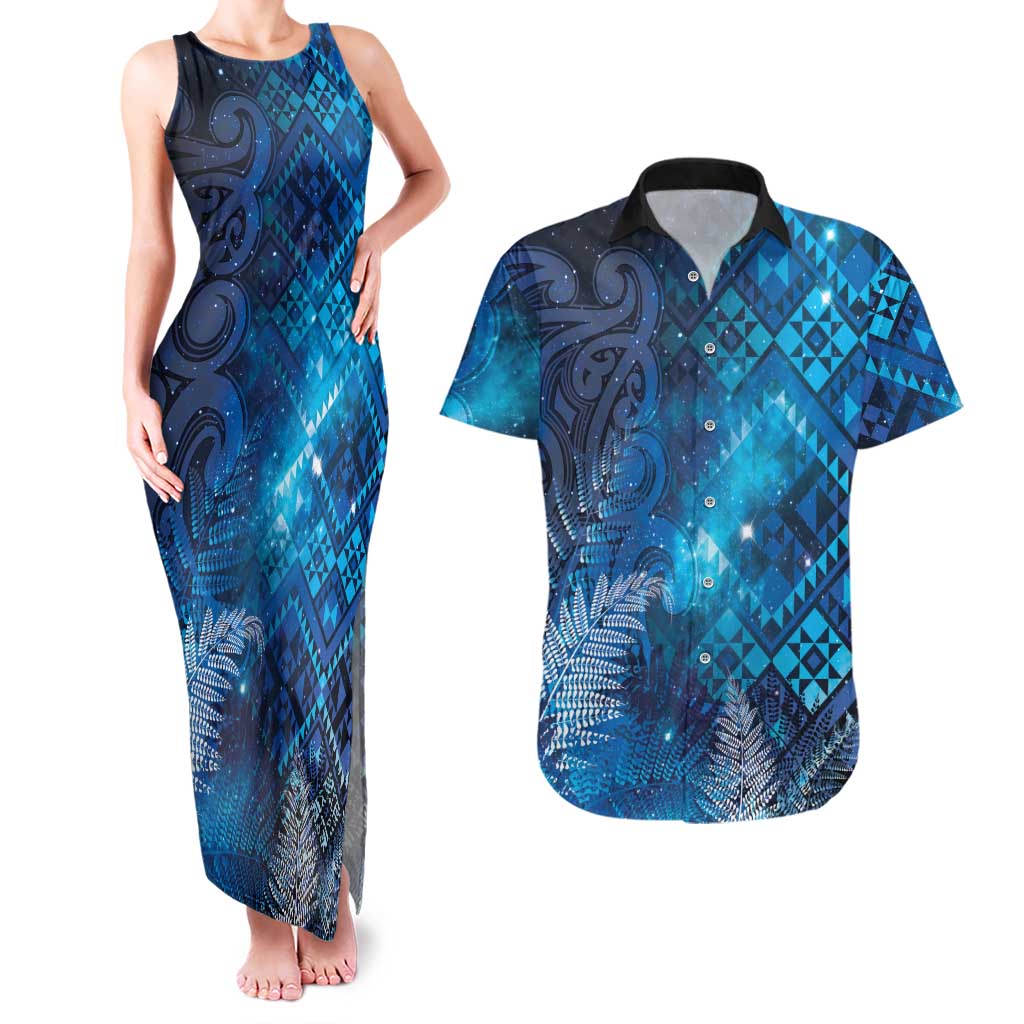 Aotearoa Taniko Matariki Couples Matching Tank Maxi Dress and Hawaiian Shirt Cosmic Blue LT7 Blue - Polynesian Pride