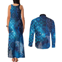 Aotearoa Taniko Matariki Couples Matching Tank Maxi Dress and Long Sleeve Button Shirt Cosmic Blue LT7 - Polynesian Pride