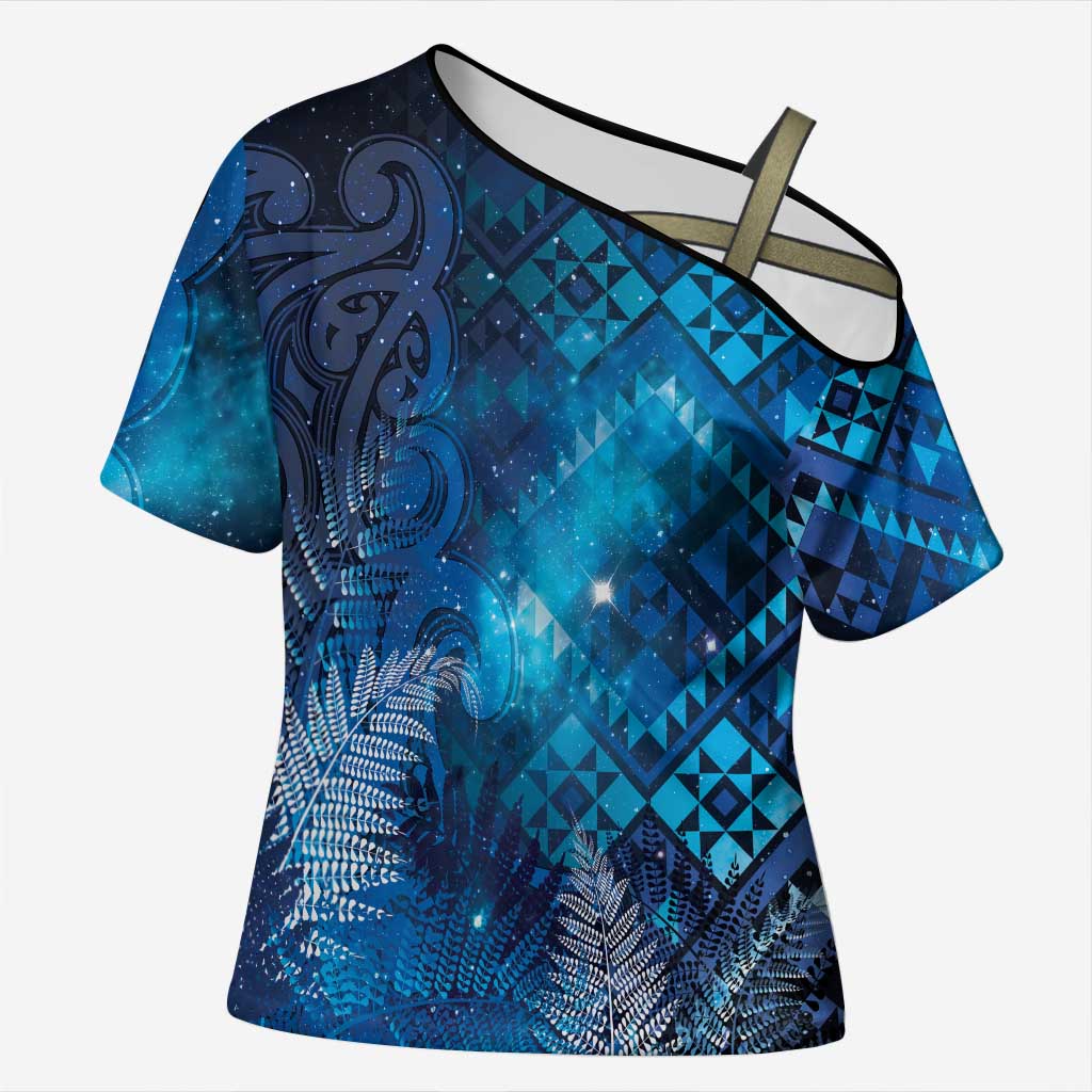 Aotearoa Taniko Matariki Cross Shoulder Shirt Cosmic Blue LT7 Female Blue - Polynesian Pride