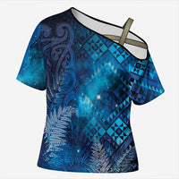 Aotearoa Taniko Matariki Cross Shoulder Shirt Cosmic Blue LT7 Female Blue - Polynesian Pride