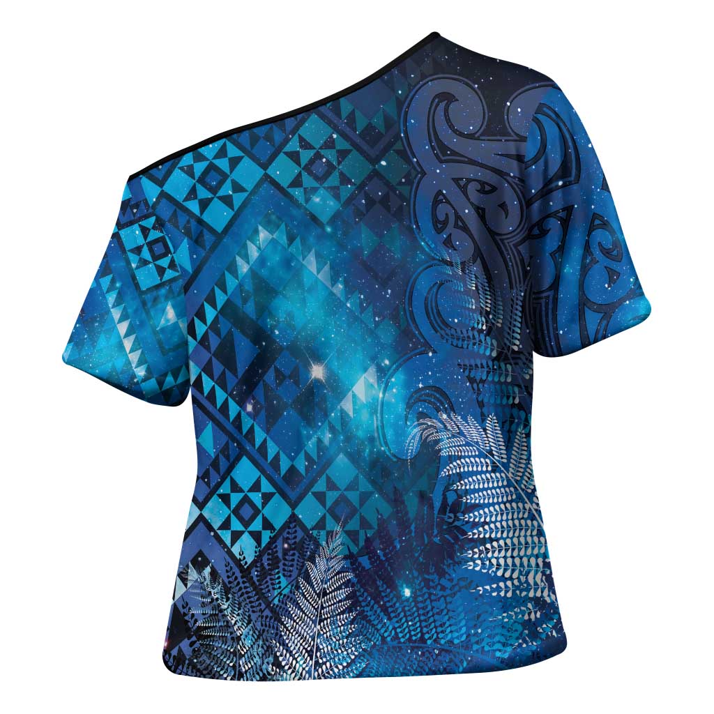 Aotearoa Taniko Matariki Cross Shoulder Shirt Cosmic Blue LT7 - Polynesian Pride