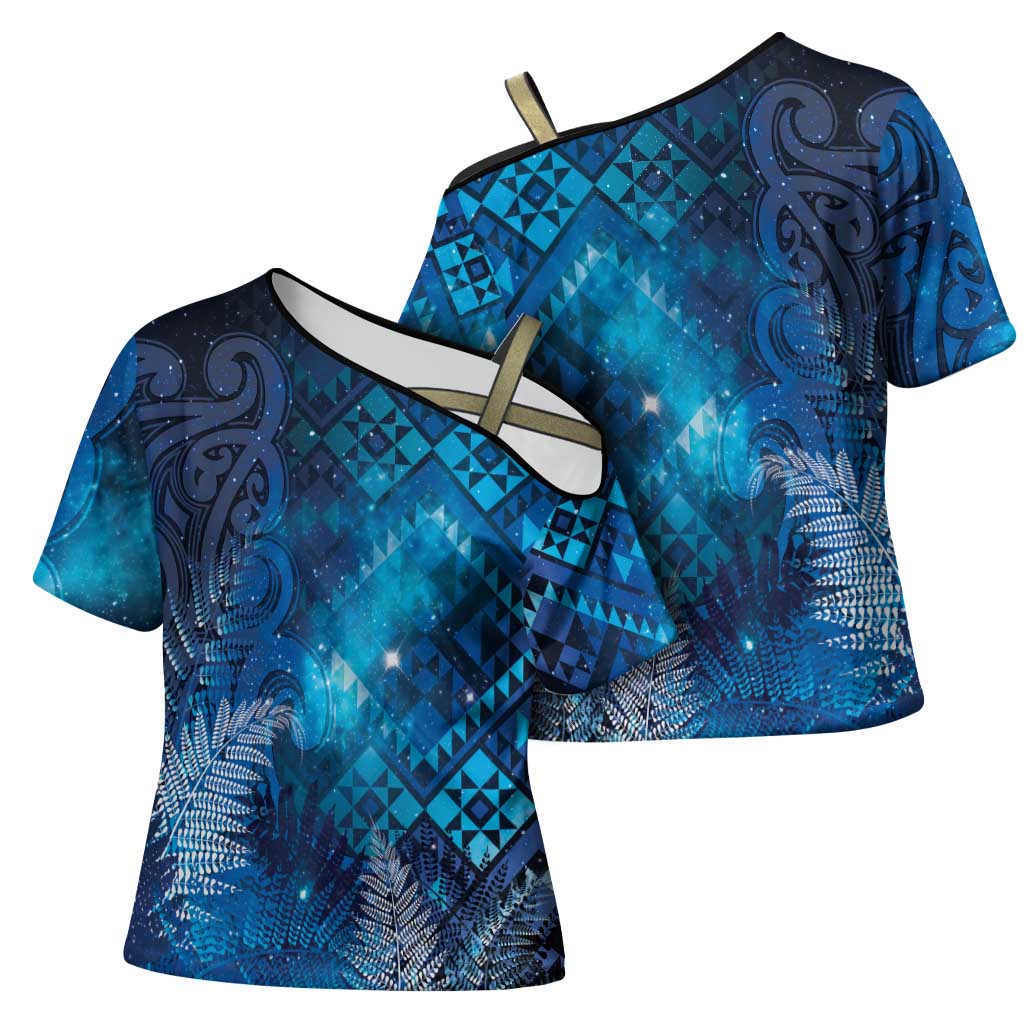 Aotearoa Taniko Matariki Cross Shoulder Shirt Cosmic Blue LT7 - Polynesian Pride