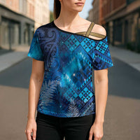 Aotearoa Taniko Matariki Cross Shoulder Shirt Cosmic Blue LT7 - Polynesian Pride