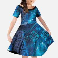 Aotearoa Taniko Matariki Family Matching Off The Shoulder Long Sleeve Dress and Hawaiian Shirt Cosmic Blue