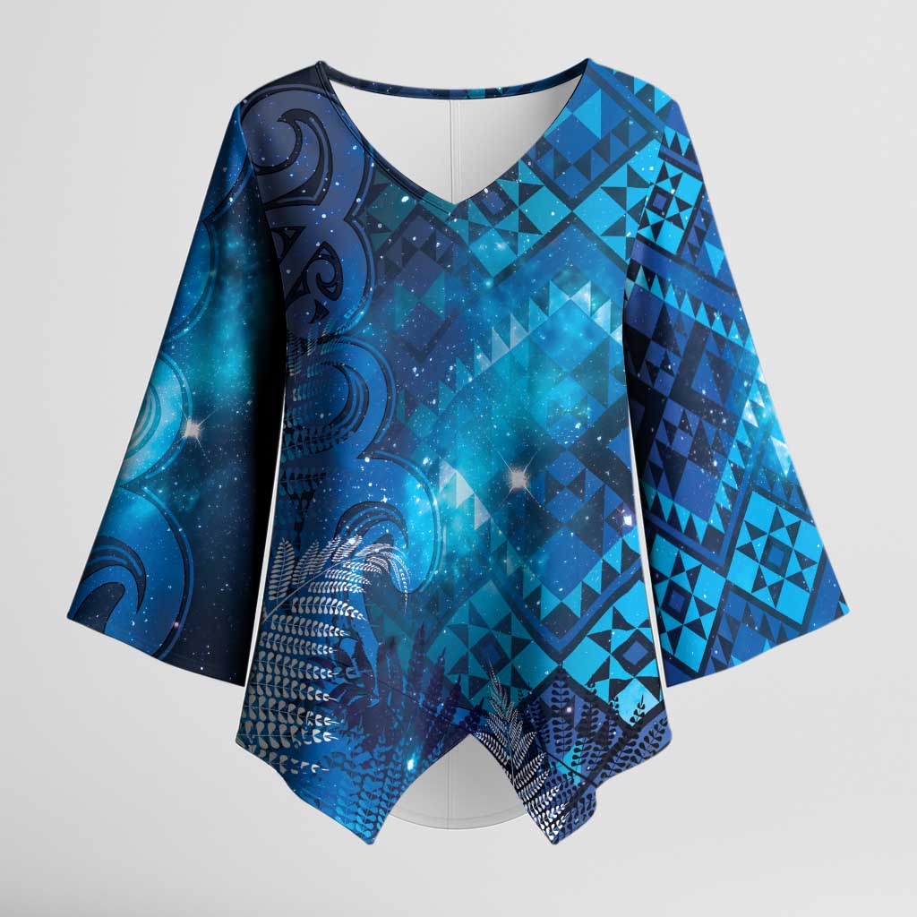 Aotearoa Taniko Matariki Kimono Sleeve Blouse Cosmic Blue LT7 Female Blue - Polynesian Pride