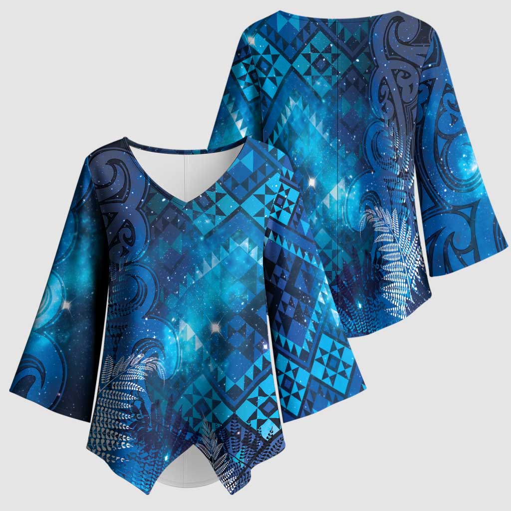 Aotearoa Taniko Matariki Kimono Sleeve Blouse Cosmic Blue LT7 - Polynesian Pride