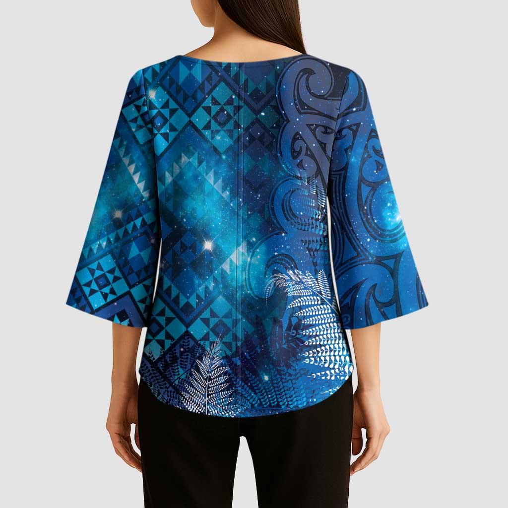 Aotearoa Taniko Matariki Kimono Sleeve Blouse Cosmic Blue LT7 - Polynesian Pride