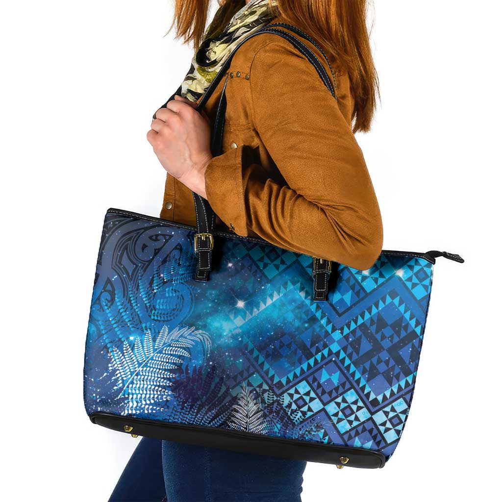 Aotearoa Taniko Matariki Leather Tote Bag Cosmic Blue LT7 Blue - Polynesian Pride