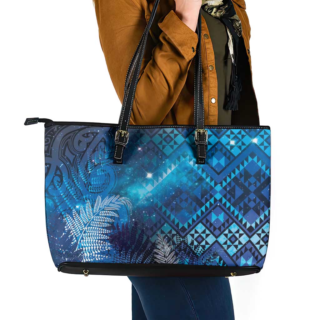 Aotearoa Taniko Matariki Leather Tote Bag Cosmic Blue LT7 - Polynesian Pride