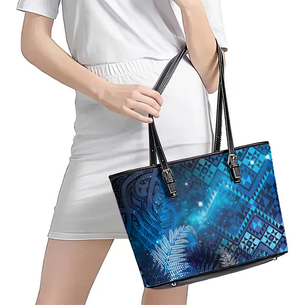 Aotearoa Taniko Matariki Leather Tote Bag Cosmic Blue LT7 - Polynesian Pride