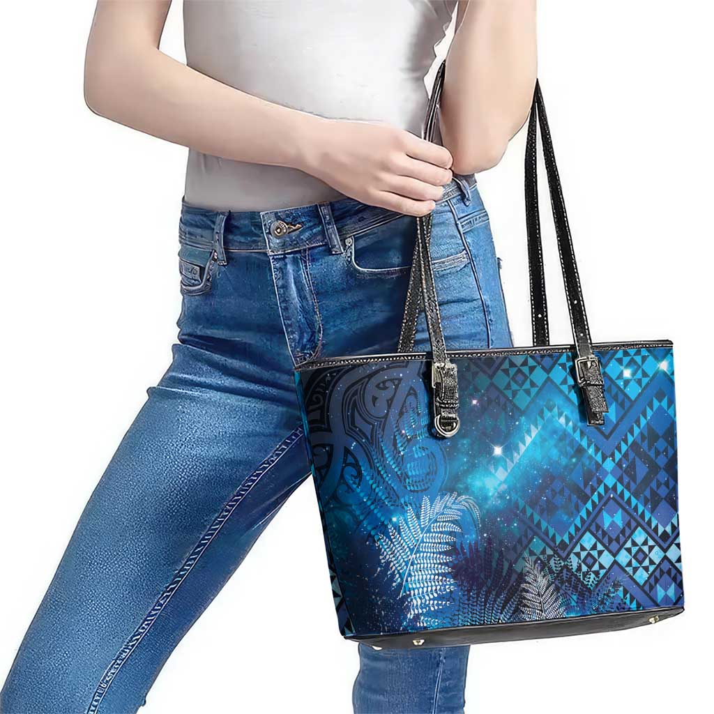Aotearoa Taniko Matariki Leather Tote Bag Cosmic Blue LT7 - Polynesian Pride