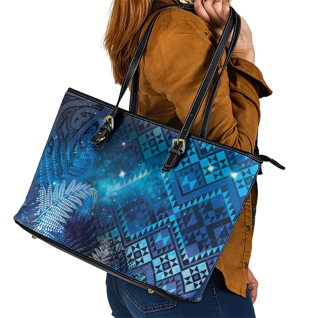 Aotearoa Taniko Matariki Leather Tote Bag Cosmic Blue LT7 - Polynesian Pride
