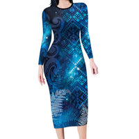 Aotearoa Taniko Matariki Long Sleeve Bodycon Dress Cosmic Blue LT7 Long Dress Blue - Polynesian Pride
