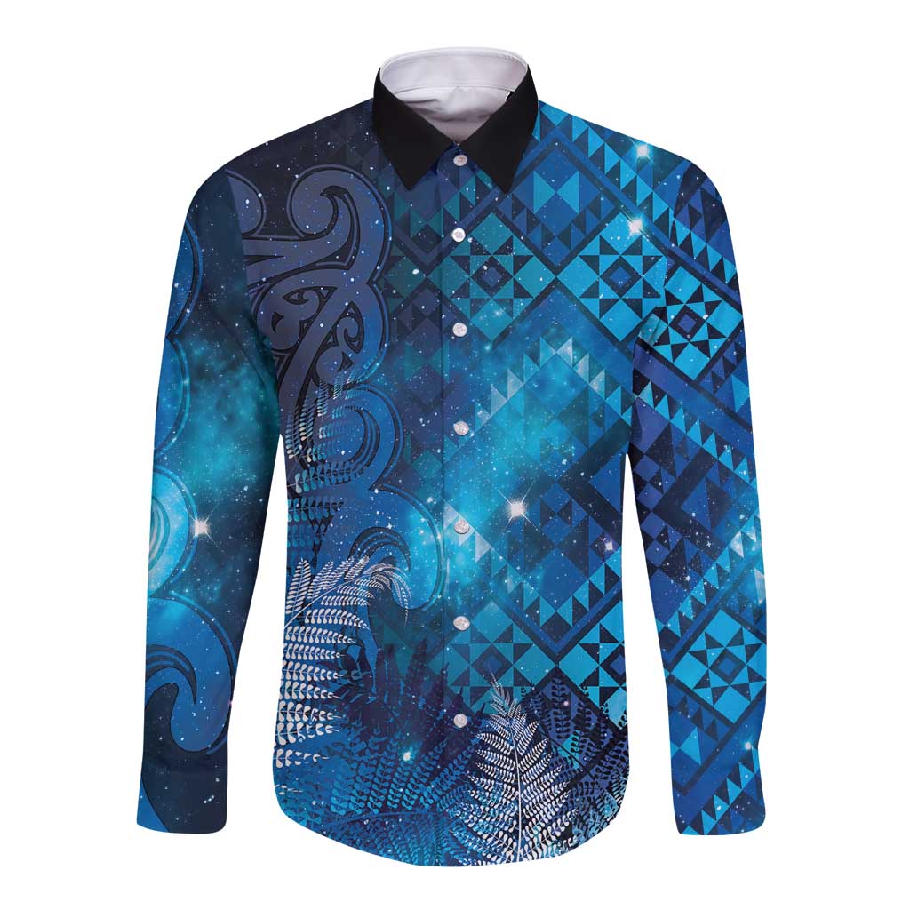 Aotearoa Taniko Matariki Long Sleeve Button Shirt Cosmic Blue LT7 Unisex Blue - Polynesian Pride