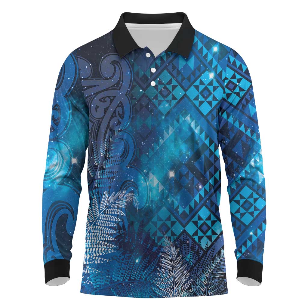 Aotearoa Taniko Matariki Long Sleeve Polo Shirt Cosmic Blue LT7 Blue - Polynesian Pride