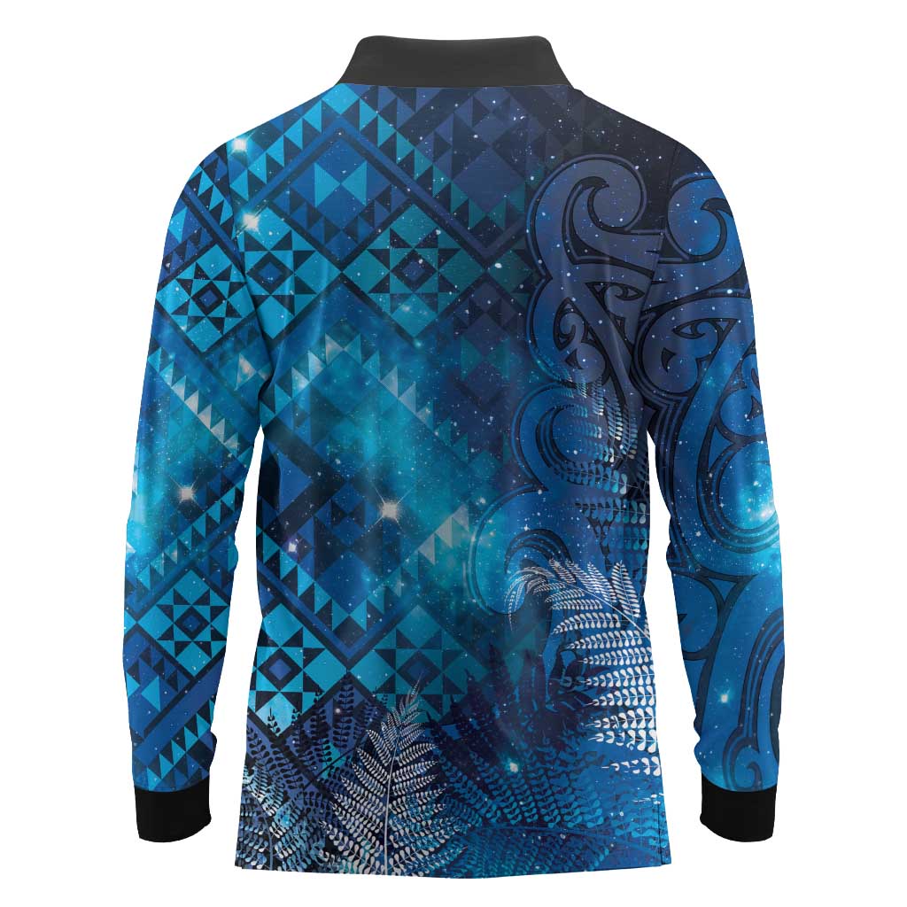 Aotearoa Taniko Matariki Long Sleeve Polo Shirt Cosmic Blue LT7 - Polynesian Pride